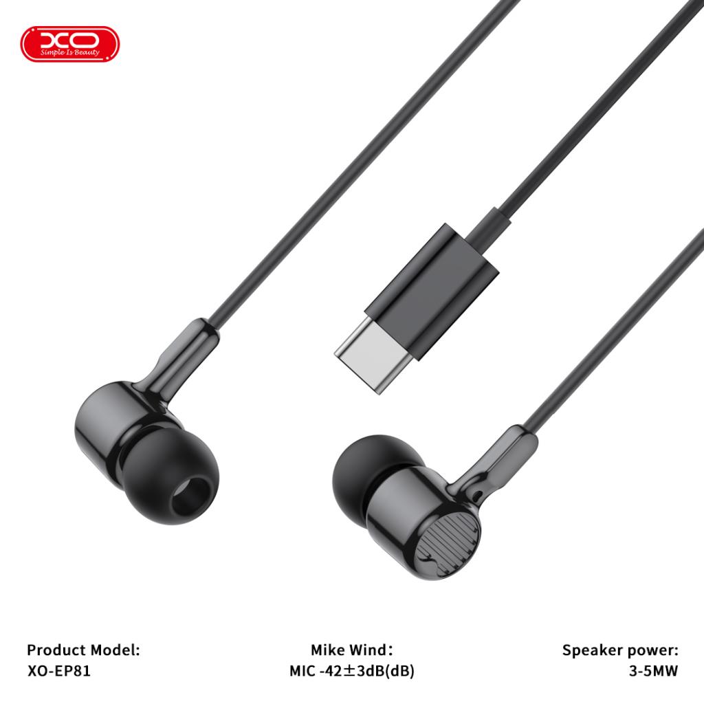 Casti cu Fir Type-C XO-EP81, Compatibile iPhone 15/16/17 si Android, Cablu 1.2M, Microfon, Negru