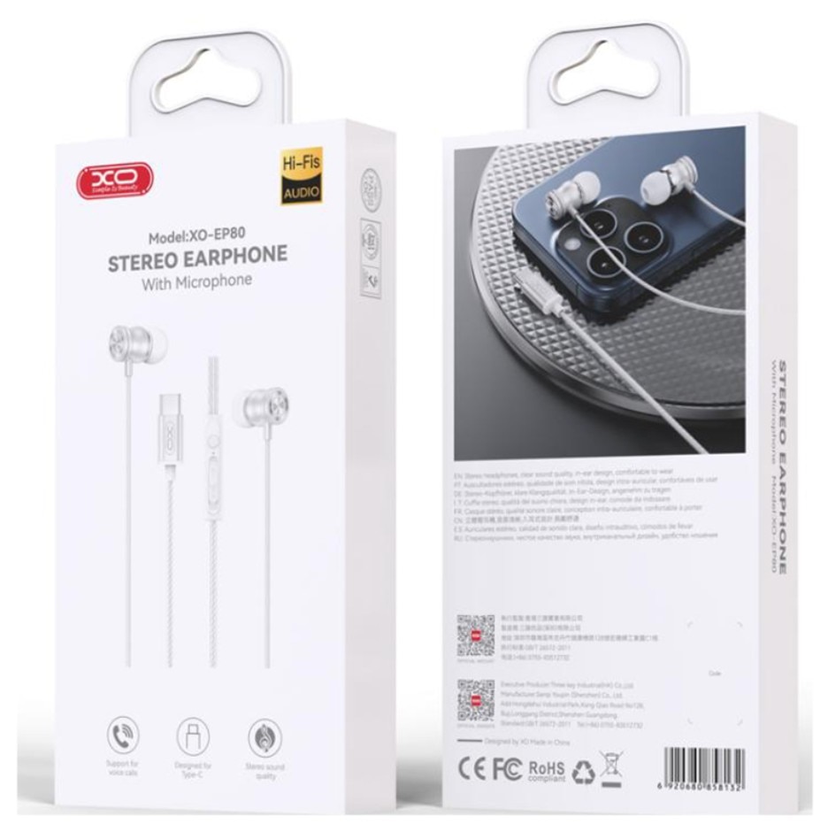 Casti cu Fir Type-C XO-EP80, Compatibile iPhone 15/16/17 si Android, Cablu 1.2M, Microfon, Alb