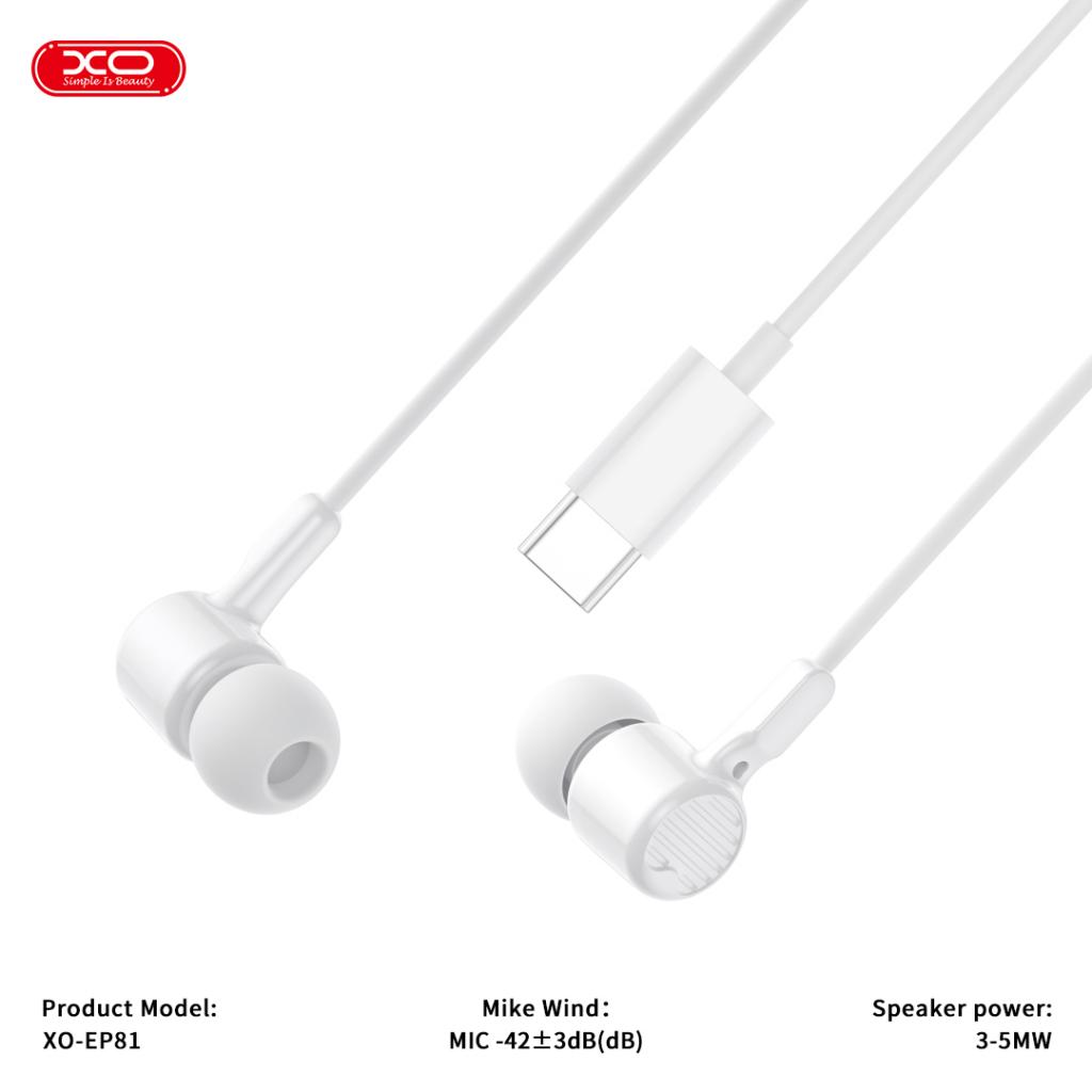 Casti cu Fir Type-C XO-EP81, Compatibile iPhone 15/16/17 si Android, Cablu 1.2M, Microfon, Alb