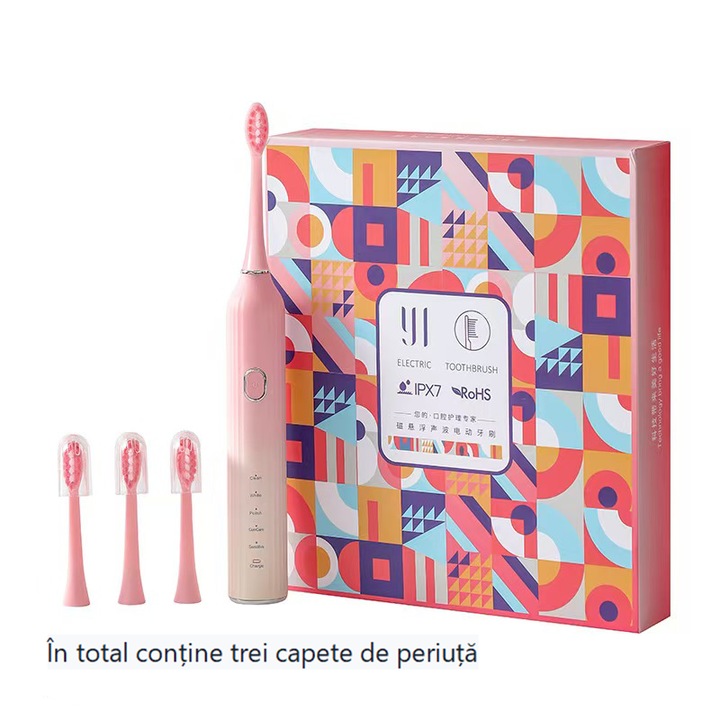 Periuta electrica reincarcabila sonica, 32000 miscari/minut, 5moduri de curatatare, 3 capete de periere, smart timer, rezistent la apa IPX6, cablu USB, Roz