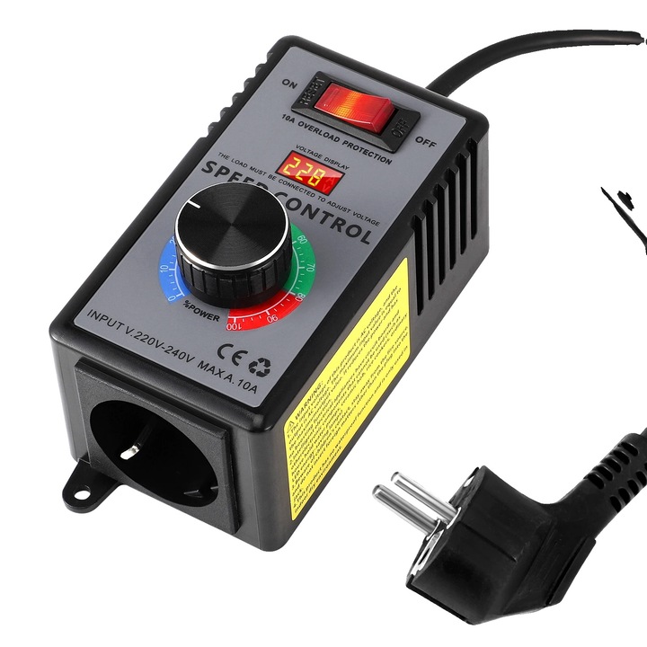 Controler de viteza, 230 V, putere maxima 2000 W, constructie din plastic rezistent la flacara