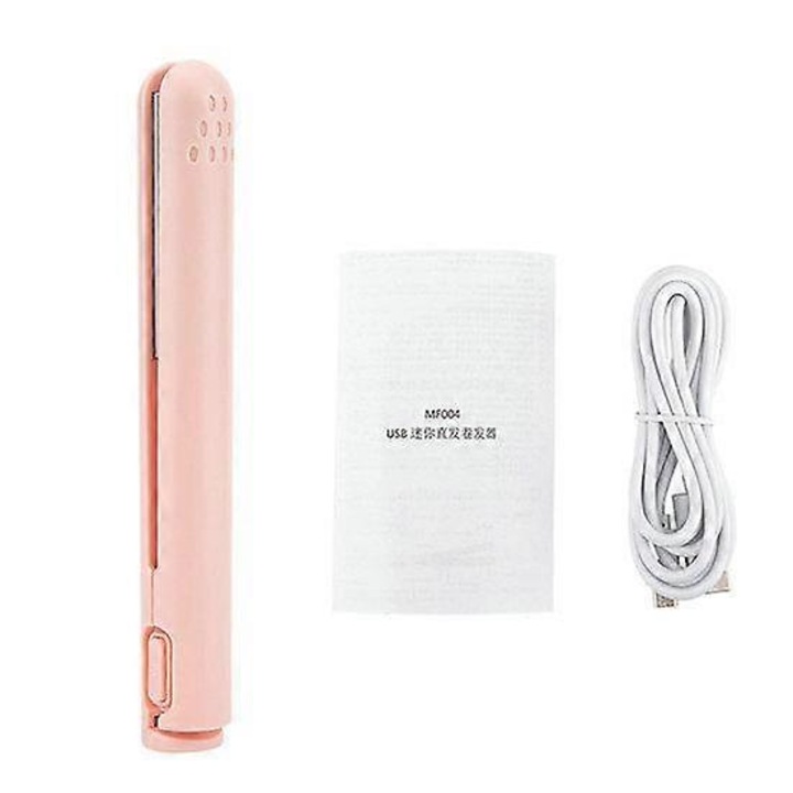 Mini hajsütővas, hordozható, tölthető, rózsaszín, 17x2.2x2.2cm, USB kábellel