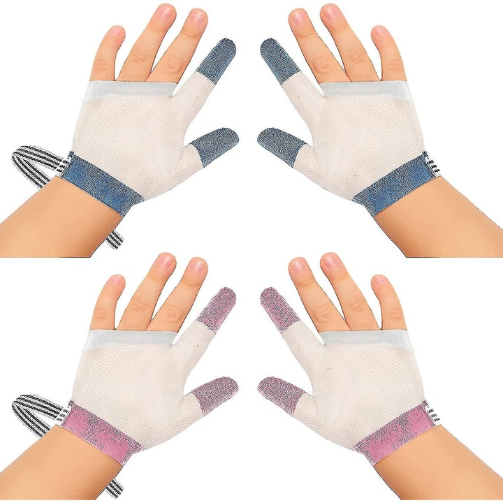 Set 2 perechi manusi pentru oprirea suptului degetului, albastru-rosu, din nylon, respirabile