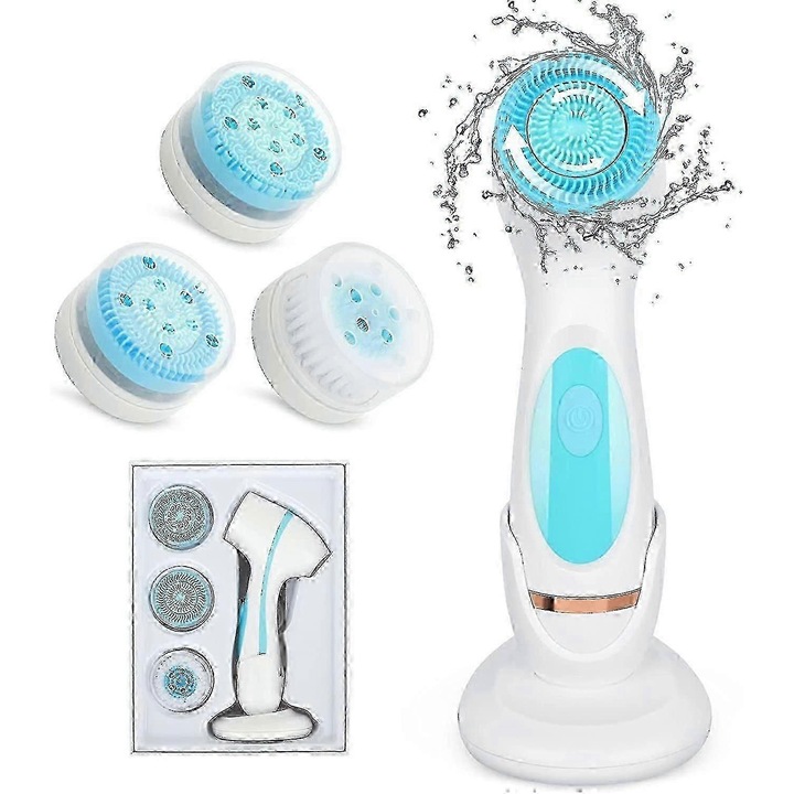 Perie de curatare faciala electrica, rotire bidirectionala, 3 capete, impermeabil, USB reincarcabil, albastra