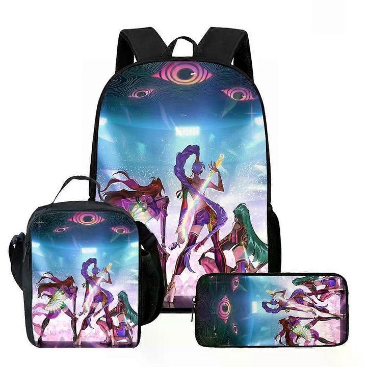 Ghiozdan Demon Hunters, 20-35L, nylon, cu geanta si penar, multicolor