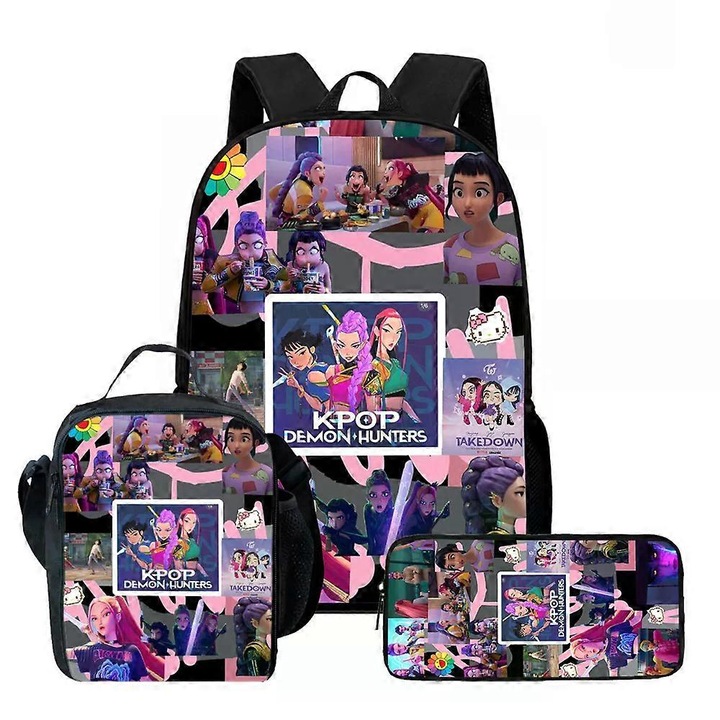 Ghiozdan Huntrix K-pop Demon Hunters, 20-35L, nylon, cu geanta si penar, multicolor