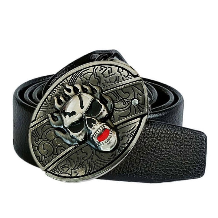 Curea pentru adolescenti cu catarama invizibila, bretele reglabile atragatoare, 130 cm, piele de cutit cu craniu