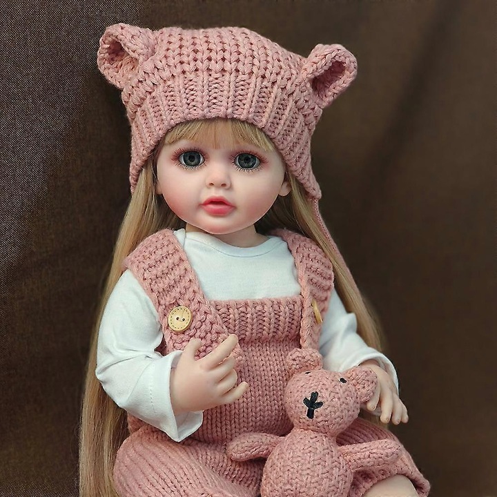 Realisztikus szilikon baba, 55 cm, hosszú hajjal, cumival és cumisüveggel szett, rózsaszín