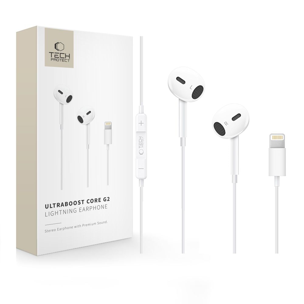 Casti audio cu microfon Tech-Protect Ultraboots Core G2, In-ear, Control pe fir, Lightning, Alb