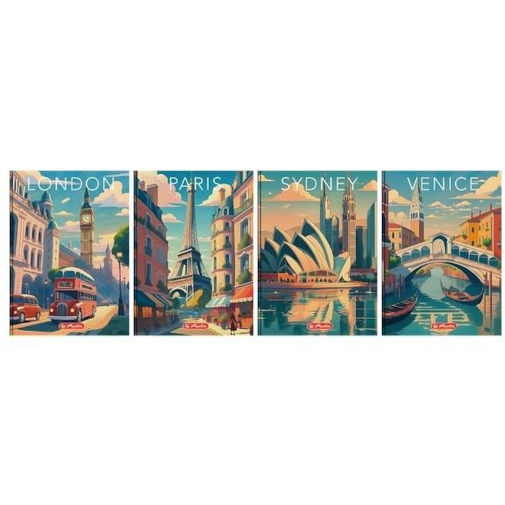 Herlitz Retro City füzetek, 4 darabos készlet, B5, 160 oldal, retró illusztrációk, finom színek