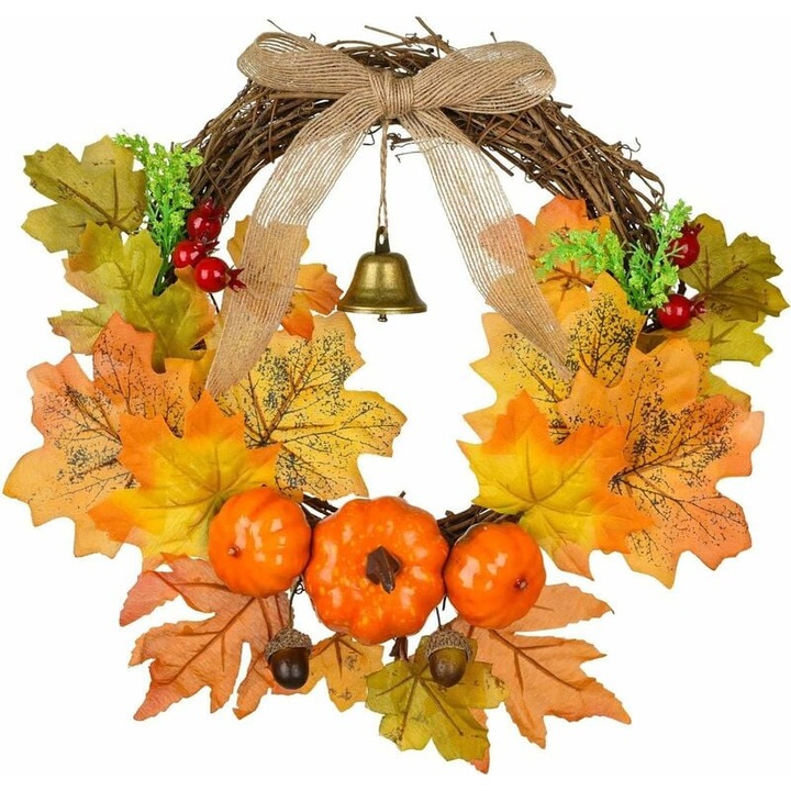 Coroana decorativa artificiala de toamna cu fructe si frunze, 45 cm, pentru usa, Halloween si Ziua Recunostintei