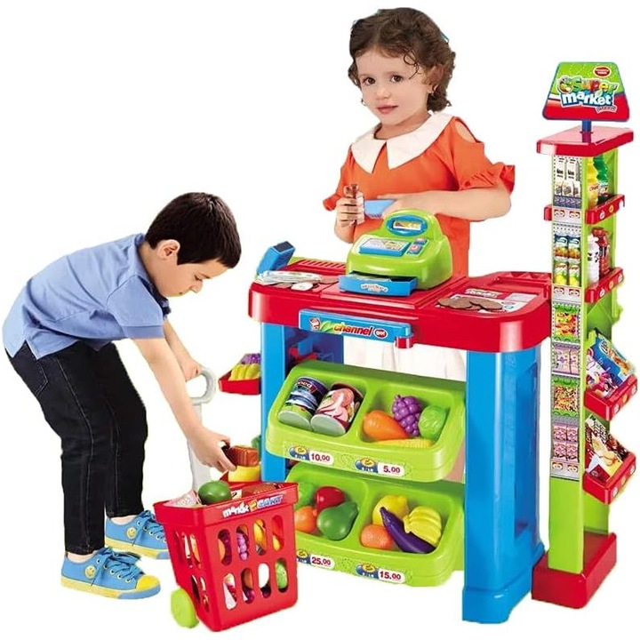 Set de Cumparaturi Tip Supermarket Rovo 85 pentru Copii, Jucarie Interactiva, Scanner, Casa de marcat, Cos de cumparaturi, Lumini, Sunete, Inaltime 80 cm