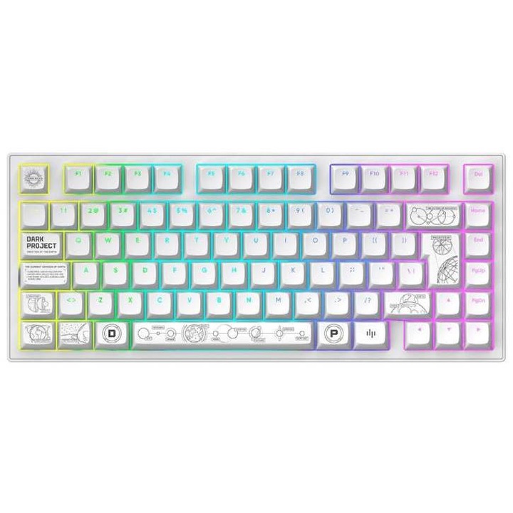 Tastatură gaming Dark Project Nova, albă, wireless, 81 taste, switch-uri G3MS Moonstone, iluminare RGB