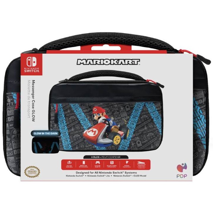 Husă de transport pentru consola Nintendo Switch PDP Messenger Glow, design strălucitor, compartimente pentru 14 jocuri, 30x15x10cm