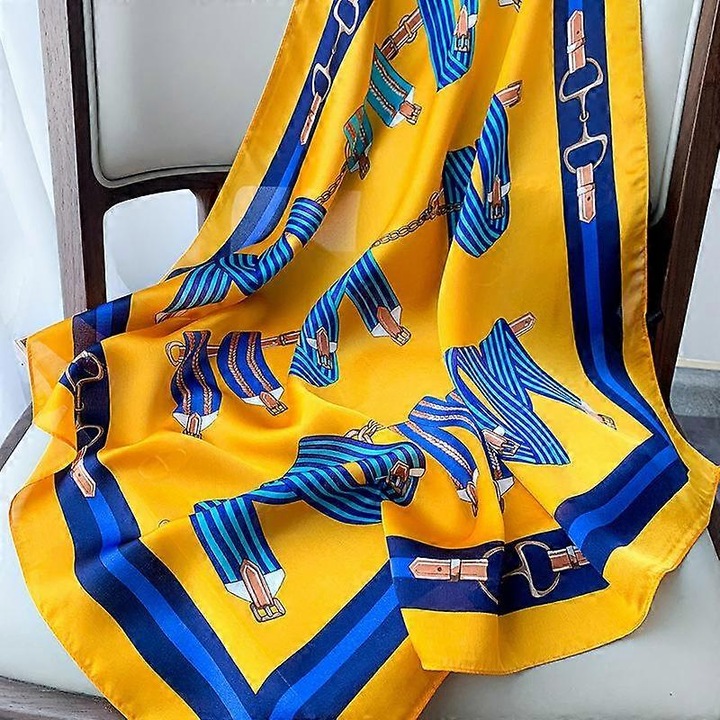 Esarfa din matase artificiala pentru femei, imprimeu, galben, 70x70cm