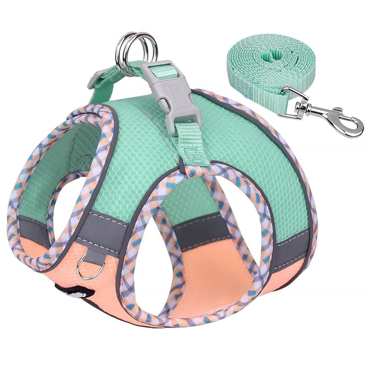 AIITLE hám és póráz szett kutyáknak, kényelmes, fényvisszaverő, türkiz-rózsaszín, M