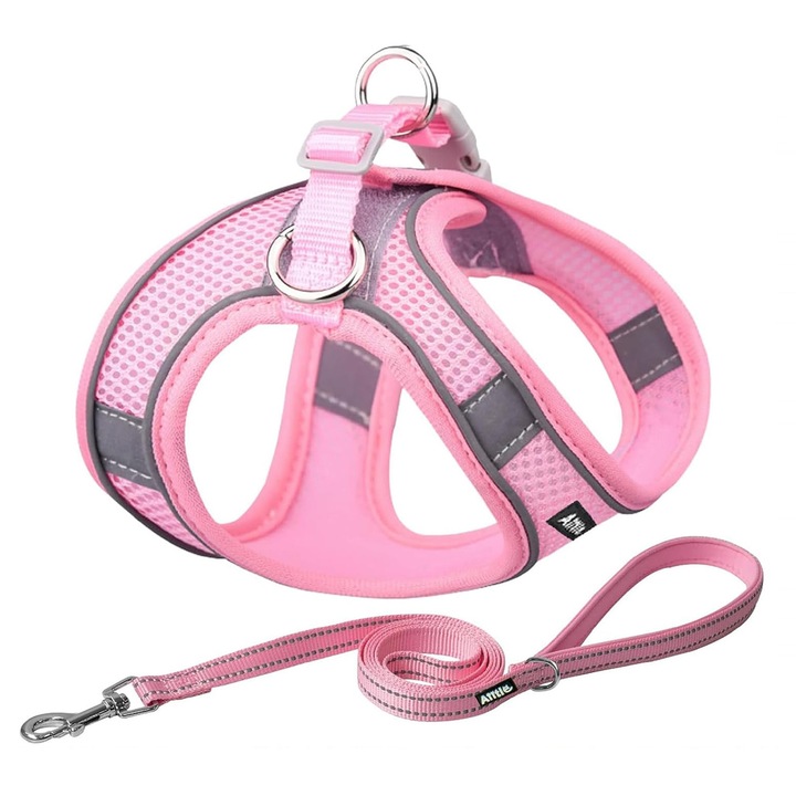 AIITLE Lépésről-lépésre Készlet Kicsi és Közepes Kutyáknak - Húzásgátló és Szökésbiztos Mellény Puha Hálóval és Fényvisszaverő Szalagokkal (Rózsaszín, M)