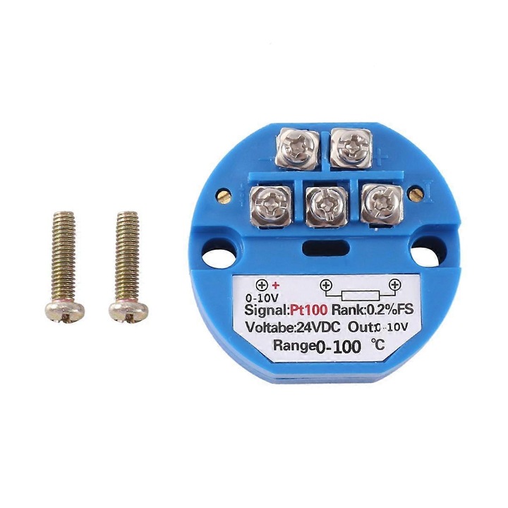 Transmitator de temperatura Pt100, 0-100 grade, 0-10V, 24V DC, diametru 45mm, culoare albastra