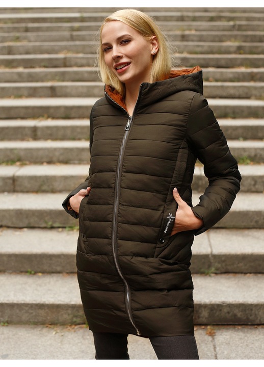 Női steppelt dzseki, Perso, kapucnis, sportos, khaki, nejlon, S INTL