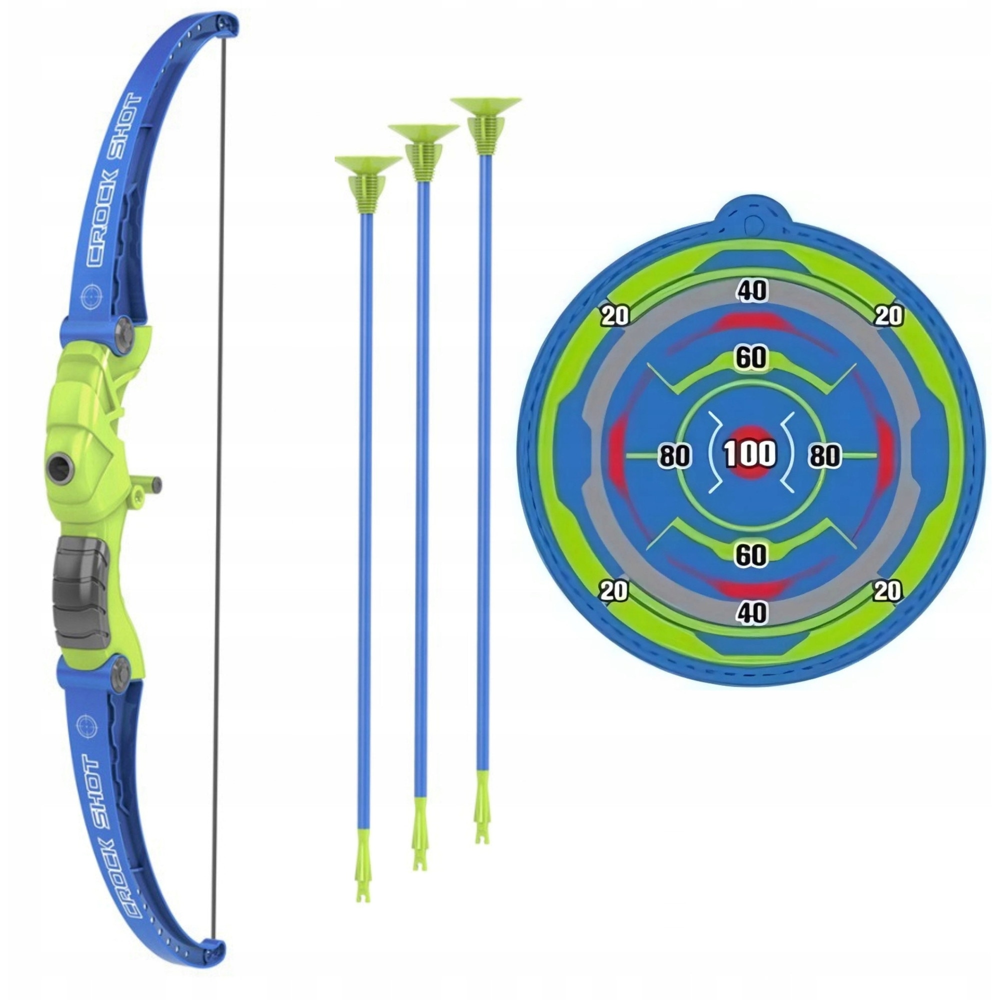 Set arc cu tinta pentru copii, 3 sageti cu ventuze, albastru/verde