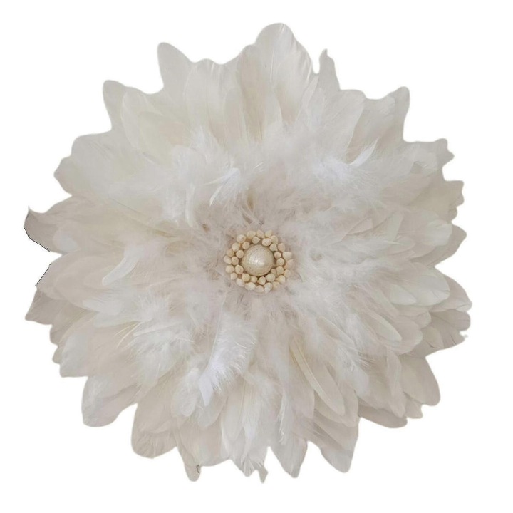 Decoratiune perete, floare alba, 40cm, din pene sintetice