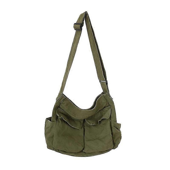 Geanta hobo din canvas, cu multiple buzunare, dimensiuni 40x34x15cm, culoare verde