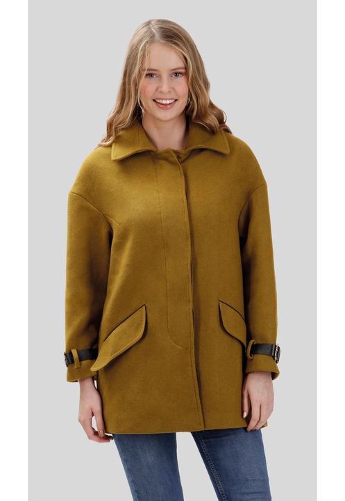 Palton dama, Perso, cu dungi decorative, mustar, lana/poliester