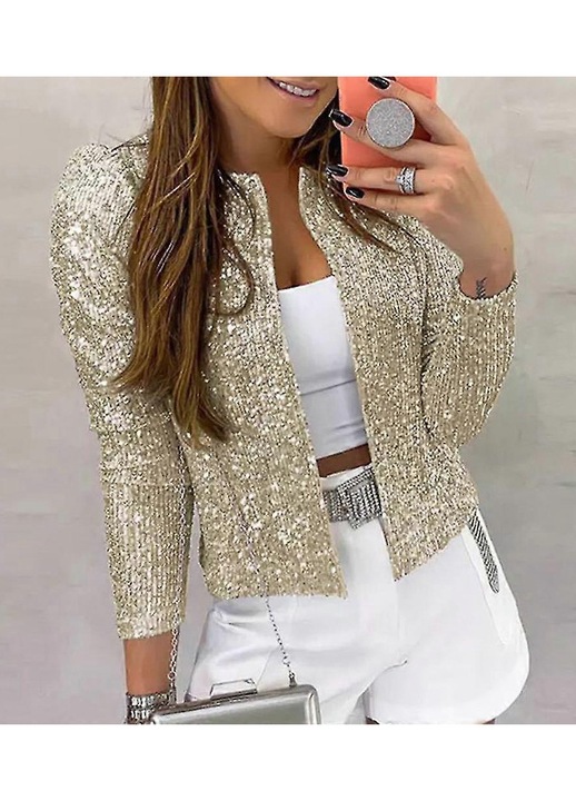 Női pulóver, hosszú ujjú, flitteres, alkalmi, poliészter/pamut, arany, 2XL méret