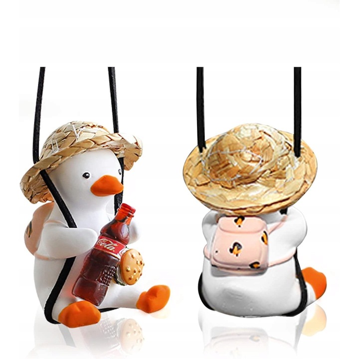 Rata suspendata pentru oglinda auto, decorativa, cu palarie de paie, cola si hamburger, 6,5x4,5cm, set cu sfoara de suspendare