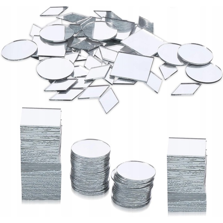 Set de placi decorative din sticla oglinda, forme diverse, 120 bucati, 2,5 cm
