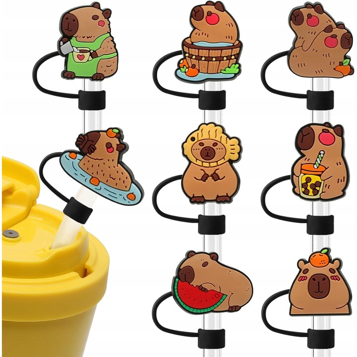 Комплект от 8 капачки за сламки, Stanley, силиконови, модел капибара, съвместими със сламки 9-10 мм