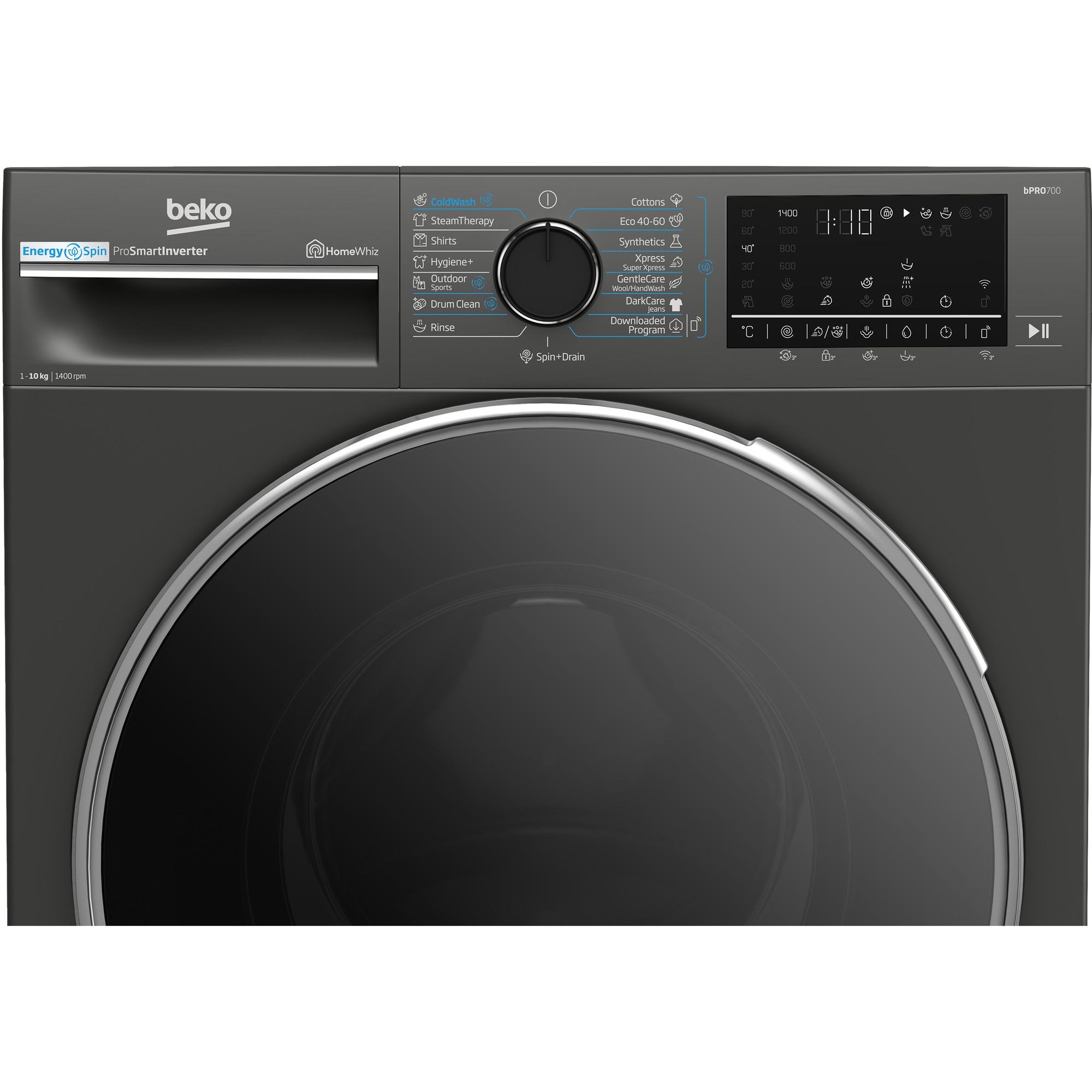 Masina de spalat rufe Beko B7WFU610418MB2ES, 10 kg, 1400 RPM, Clasa A, Recycled Tub, HomeWhiz prin WiFi , Motor ProSmart Inverter, AddXtra, Hygiene+, IronFast, Culoare Piano Black