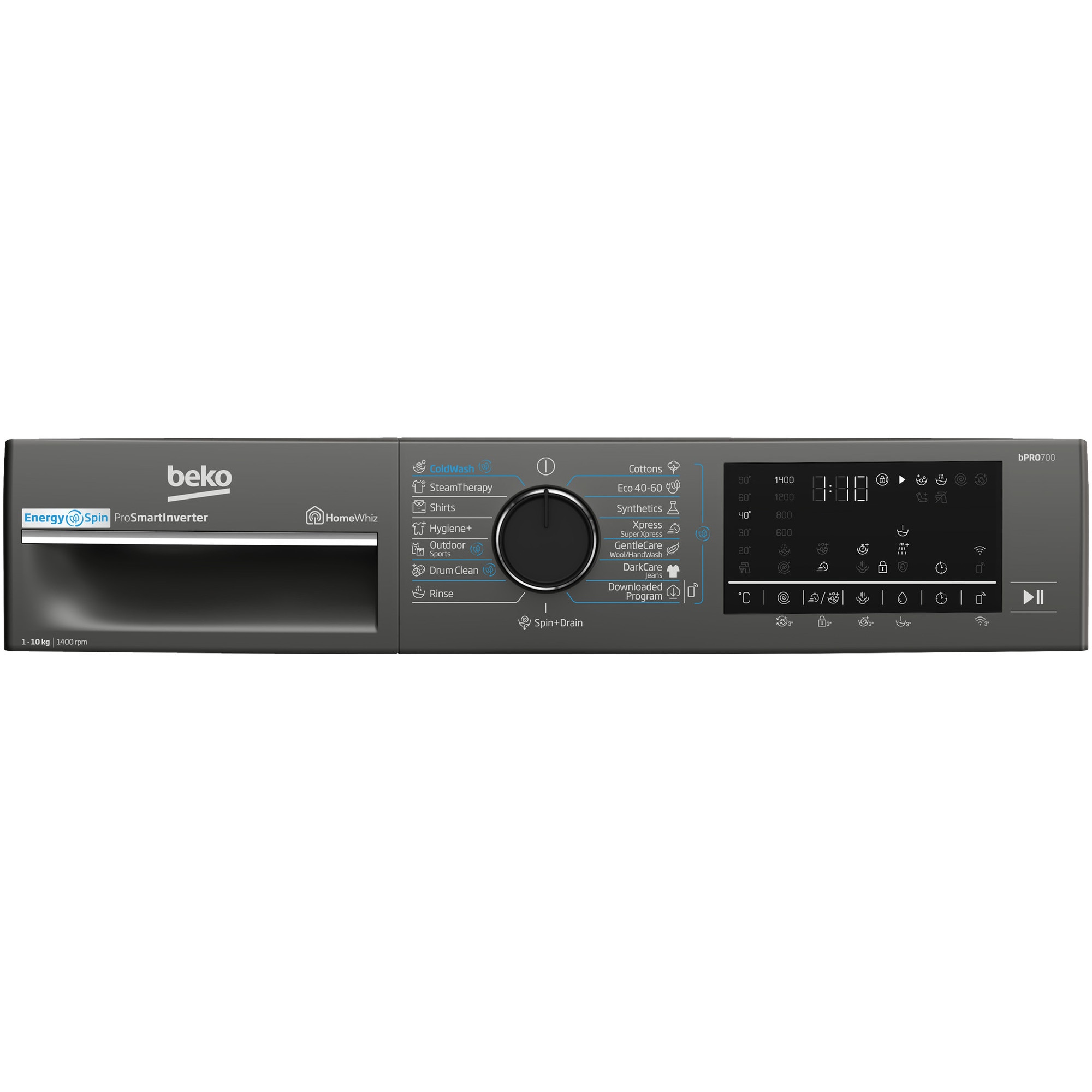 Masina de spalat rufe Beko B7WFU610418MB2ES, 10 kg, 1400 RPM, Clasa A, Recycled Tub, HomeWhiz prin WiFi , Motor ProSmart Inverter, AddXtra, Hygiene+, IronFast, Culoare Piano Black