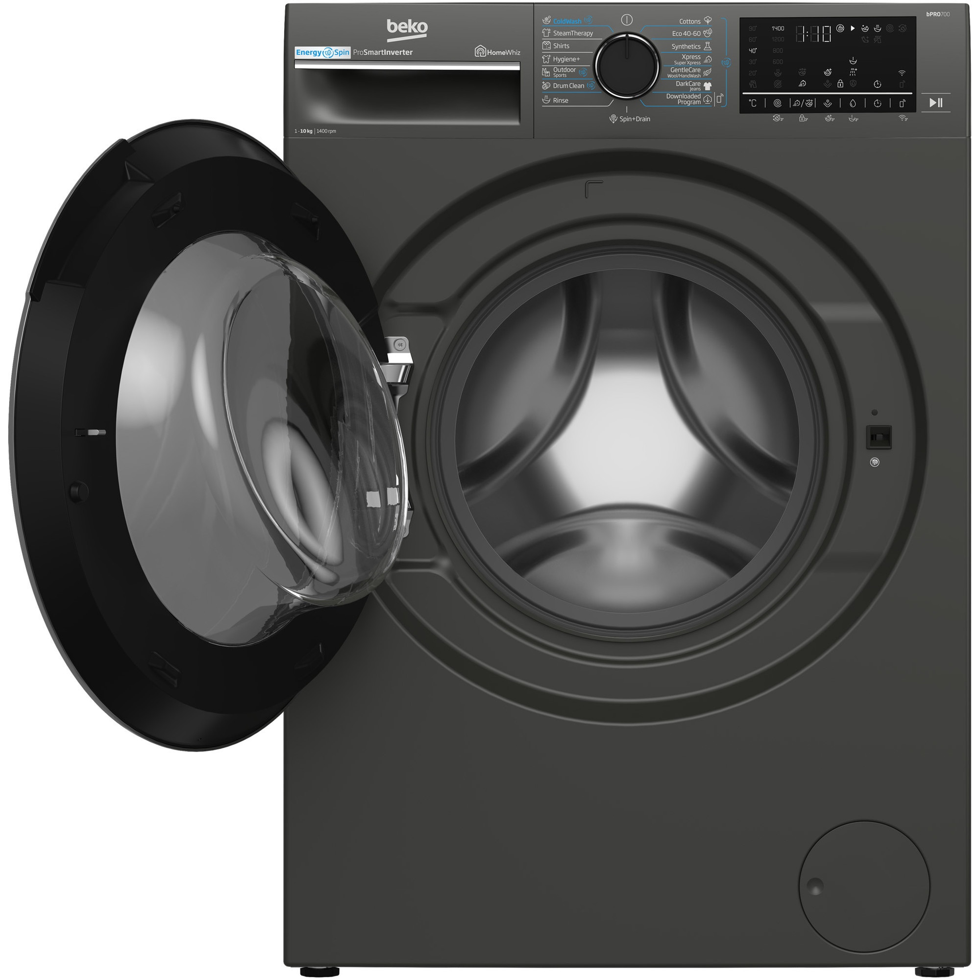 Masina de spalat rufe Beko B7WFU610418MB2ES, 10 kg, 1400 RPM, Clasa A, Recycled Tub, HomeWhiz prin WiFi , Motor ProSmart Inverter, AddXtra, Hygiene+, IronFast, Culoare Piano Black