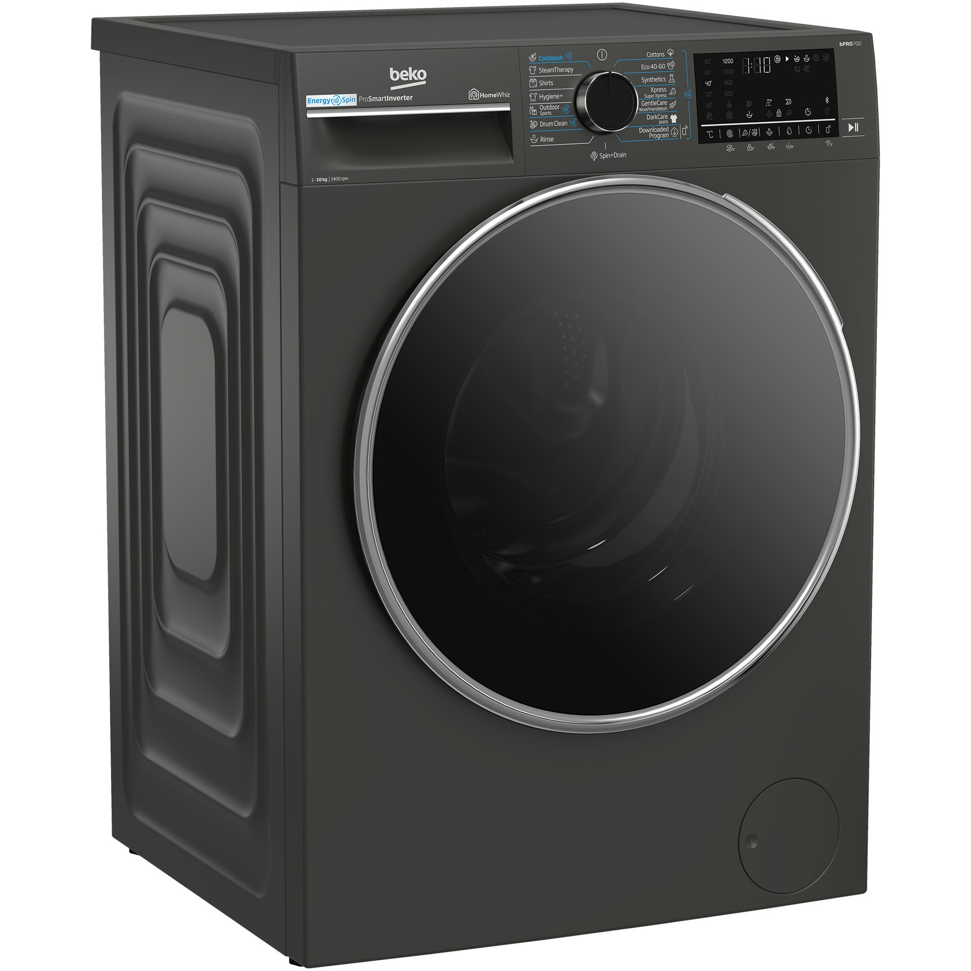 Masina de spalat rufe Beko B7WFU610418MB2ES, 10 kg, 1400 RPM, Clasa A, Recycled Tub, HomeWhiz prin WiFi , Motor ProSmart Inverter, AddXtra, Hygiene+, IronFast, Culoare Piano Black