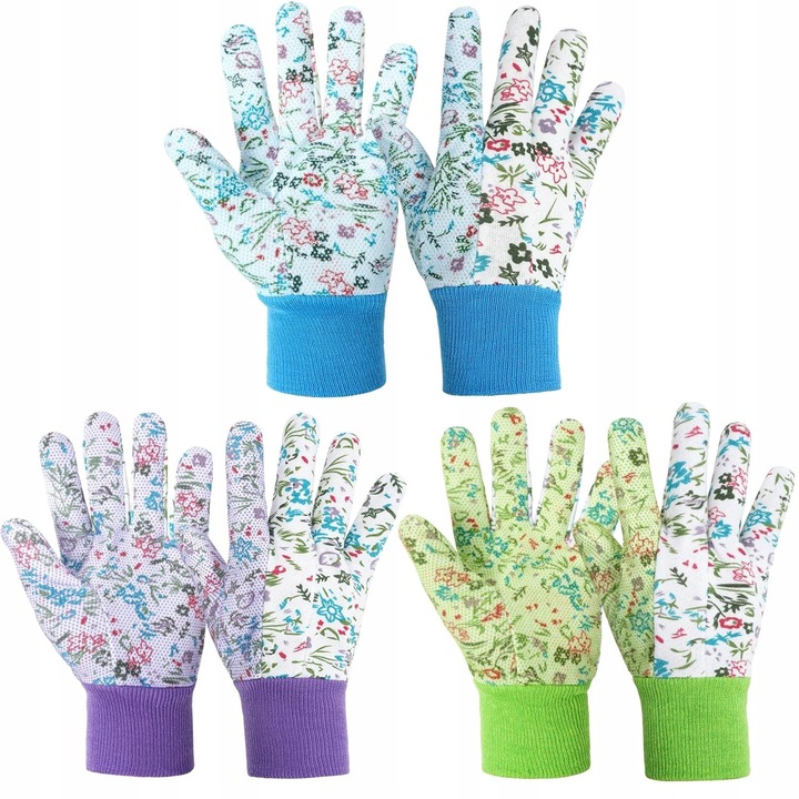 Manusi de gradina, model floral, lungi, antiderapante, set de 6, din piele de porc si panza