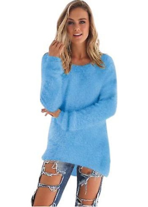 Bolyhos női pulóver, hosszú ujjú, poliészter, Kék