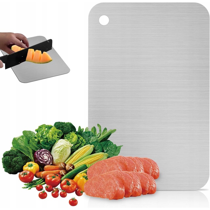 Tocator de bucatarie, Inny, din titan si otel inoxidabil, 46x30cm, colorat argintiu, dublu fata