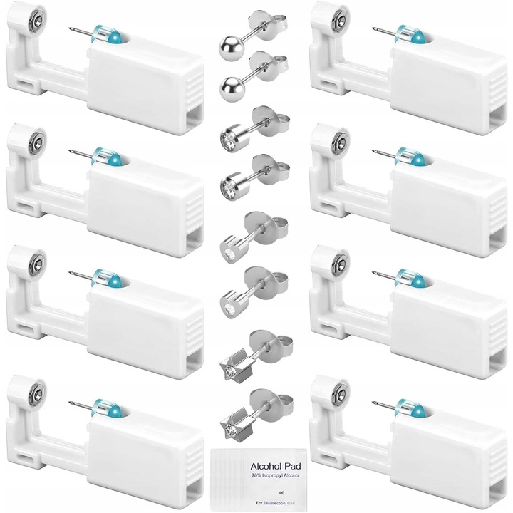 Set piercing urechi, 8 pistoale, 8 cercei, 8 dischete alcoolice, dimensiuni pistol 5,7x1x2,3cm, material inox medical