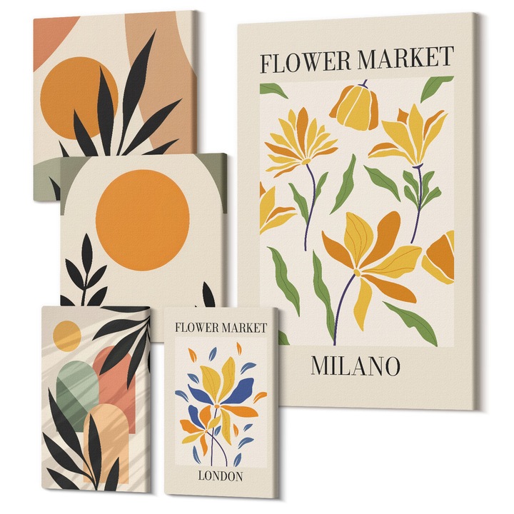 Set Tablouri, Wallfluent, Geometrie abstractă, 5 piese, Multicolor, 2x20x30cm + 2x30x30cm + 40x60cm