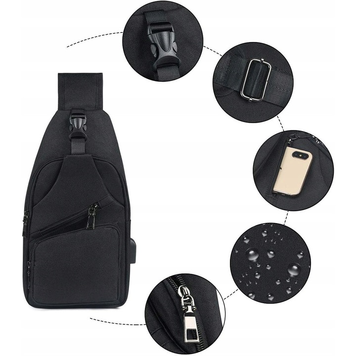 Geanta barbati crossbody, impermeabila, cu USB, 3 compartimente, negru