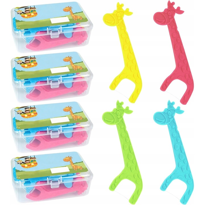 Set de 160 de fire de ata dentara pentru copii, design in forma de girafa, 4 culori, compact