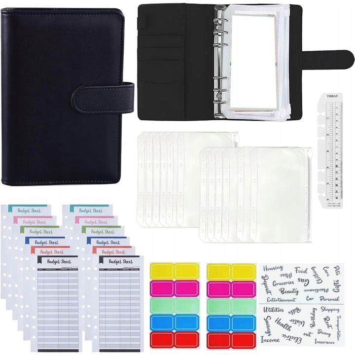 Organizator buget A6, 30 piese, 12 buzunare transparente, negru