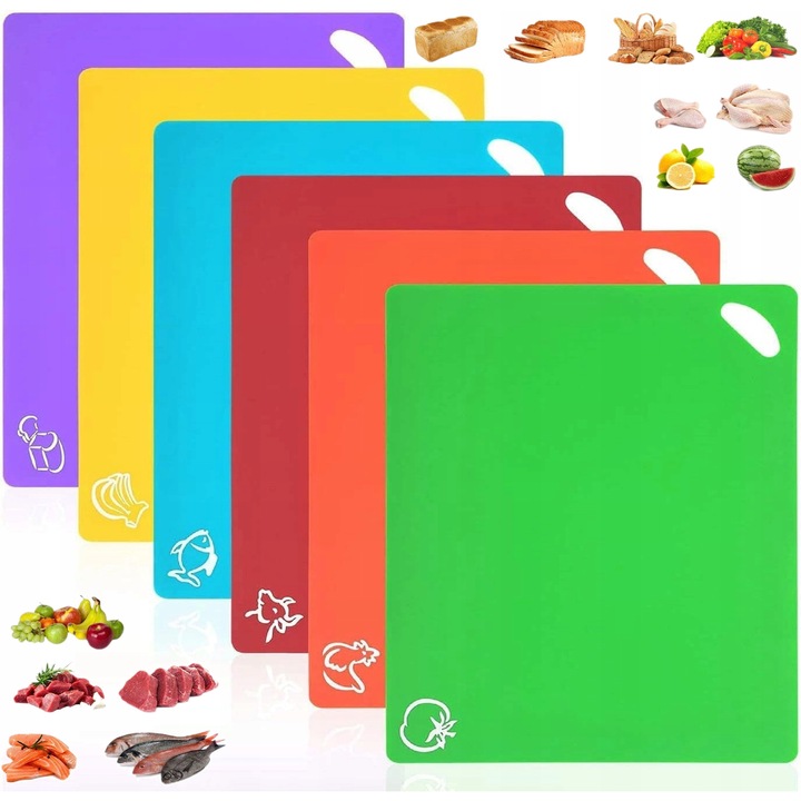 Комплект от 6 цветни дъски за рязане, 30,5x38 см, екологични, с икони за храна