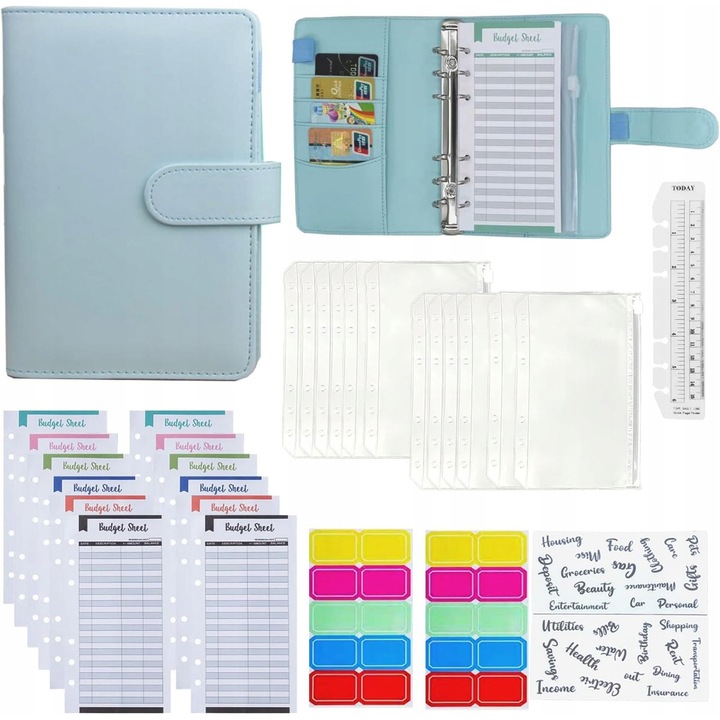 Organizer bugetar A6, 30 piese, 12 buzunare transparente, 12 foi bugetare, albastru