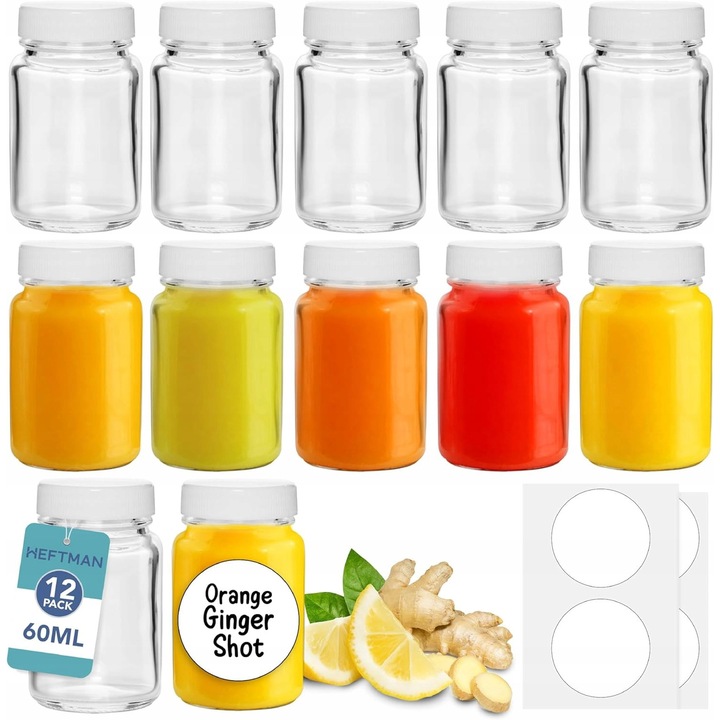 Set 12 sticle de sticla 60ml cu capac, etichete, perie de curatare, transparente