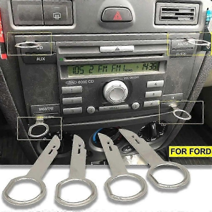 4 db rádió kiszedő, fém, ezüst, Ford Focus, Mondeo, C-Max, Fiesta, Transit modellekhez