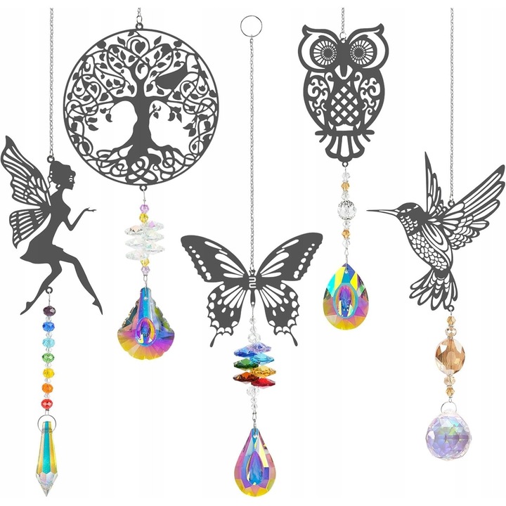 Set de 5 prisme cristaline pentru captarea luminii, decorativ, 43-49,5 cm