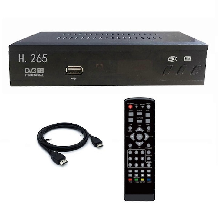 Decodor TV DVBT2 265 HD, suport 3D, USB, negru, set top box