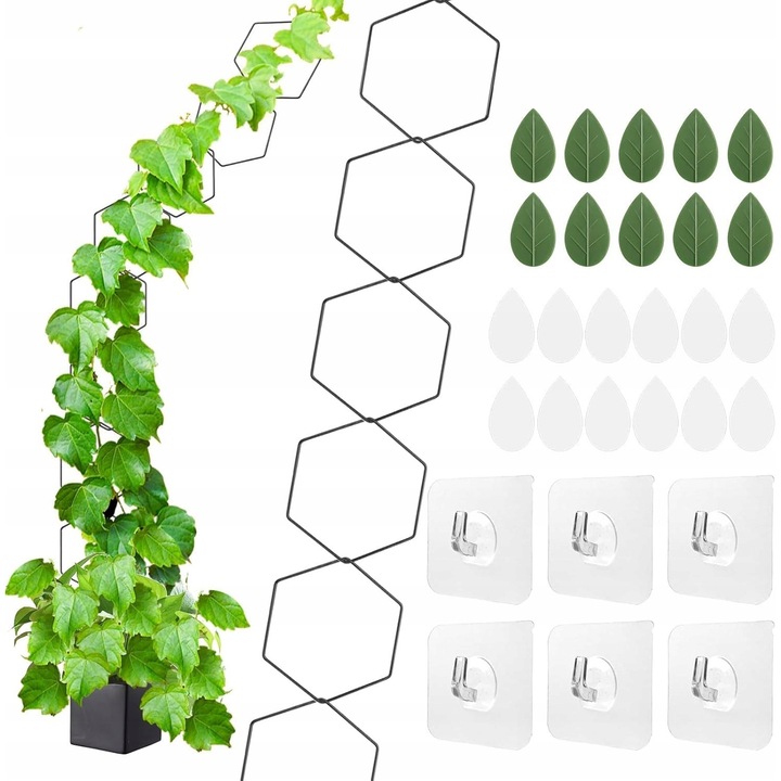 Set suporturi pentru plante cataratoare, 18 suporturi, 6 carlige autocolante, 10 cleme, metal, design elegant